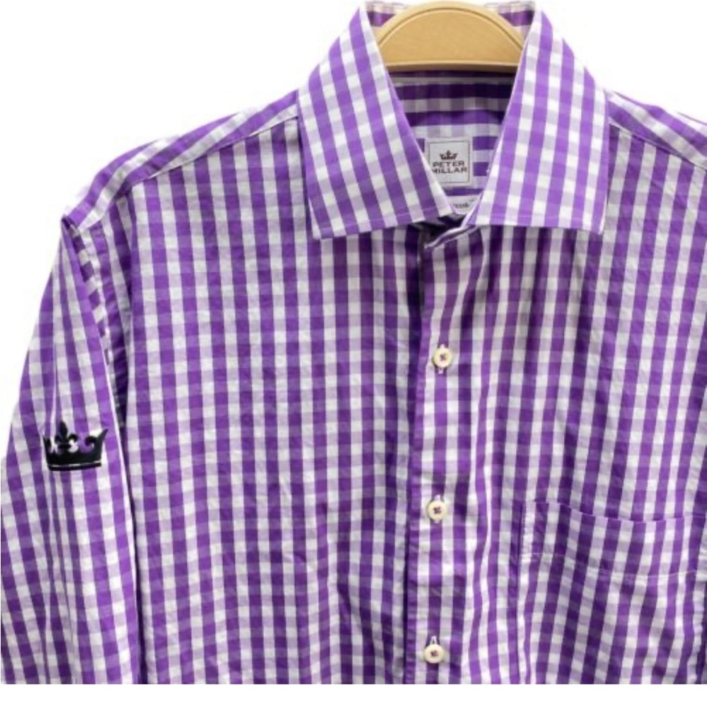Peter Millar Mens Button Shirt Large Purple White Plaid Check